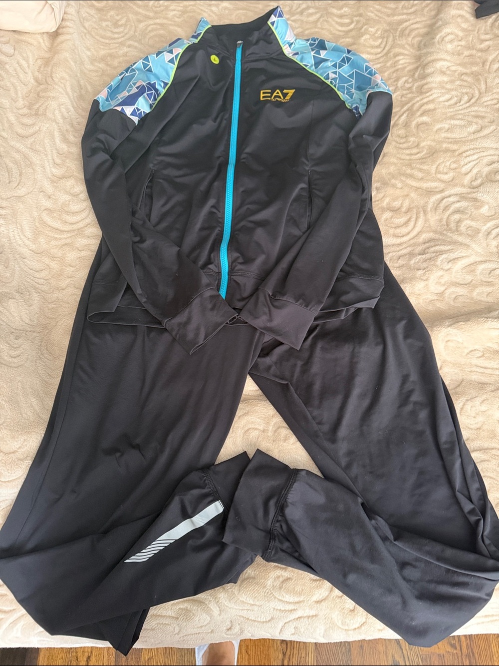 Emporio Armani Black track suit Jacket & Pants with Turquoise and Yellow Accents